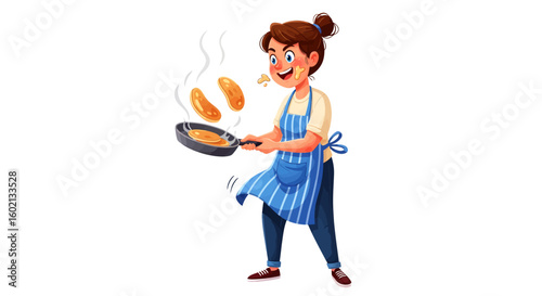 A happy cartoon woman in a blue apron enthusiastically flips pancakes in a frying pan for a delicious homemade breakfast, a cheerful kitchen scene.