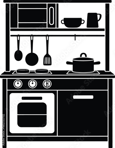 Black kitchen play set with cooking utensils pretend