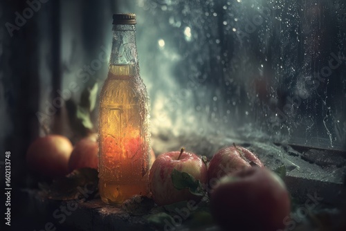 Refreshing Beverage Bottle with Apples on a Rainy Window Sill