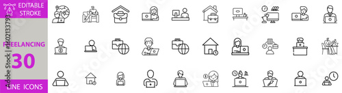 Freelancing and Remote Work Icon Set – Editable Vector Illustrations for Home Office, Online Jobs, Digital Nomads, Virtual Collaboration, Time Management, and Productivity

