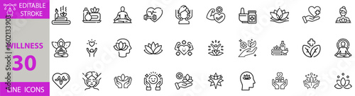 WillnessWellness and Self-Care Icon Set – Editable Vector Illustrations for Spa, Meditation, Relaxation, Mental Health, Yoga, and Holistic Lifestyle Concepts