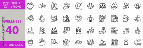Vector set of wellness, spa, holistic, treatment, massage, peace, meditation, gratitude, employee, natural product, dumbbell, healing, supporting, better health, lotus icons.
