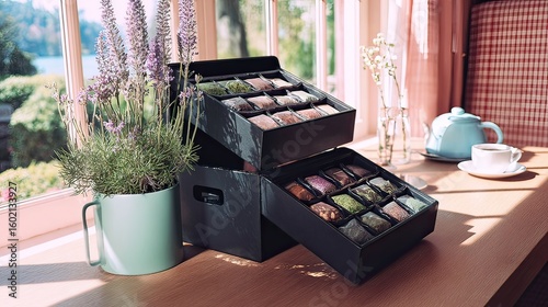 Lakeside tea sampler gift box, open, sunlight