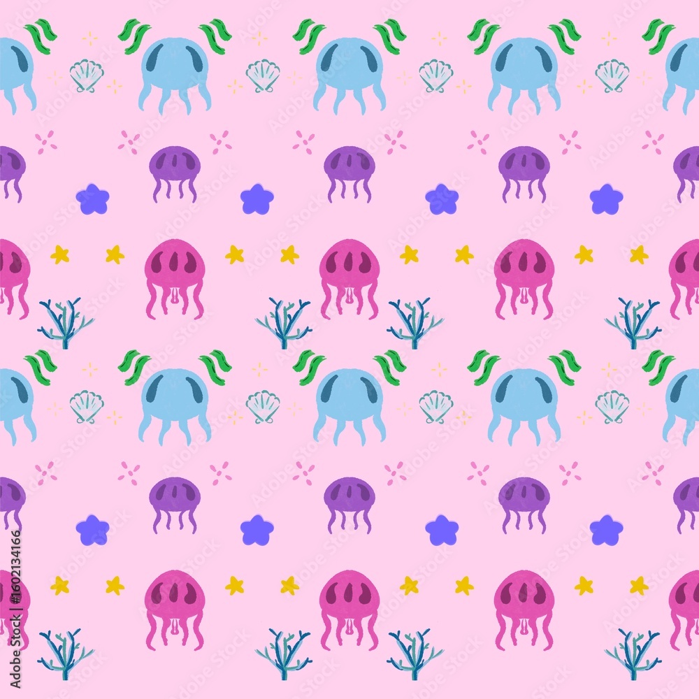 Fototapeta premium Jellyfish pattern, Under the sea pattern, Ocean creatures pattern, Cute jellyfish design, Kids' fabric pattern