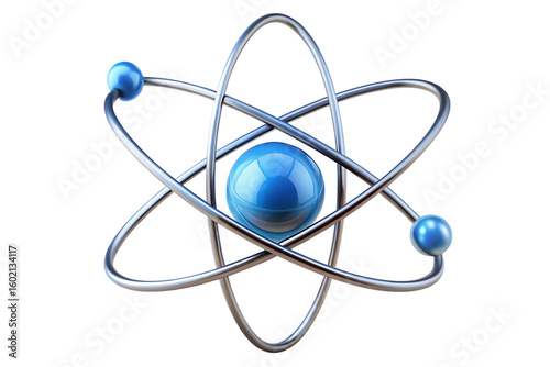 Shiny metallic atom model with blue orbiting electrons and nucleus isolated on a transparent background