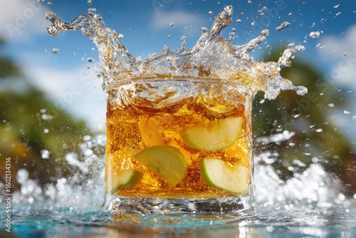 Refreshing Splash of Apple Drink in Glass Against Bright Background