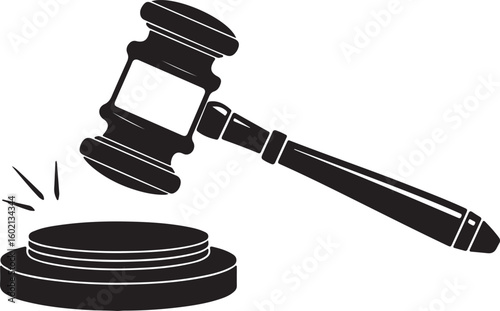 A monochrome illustration of a judicial gavel striking a sound block, symbolizing a legal decision or judgment.
