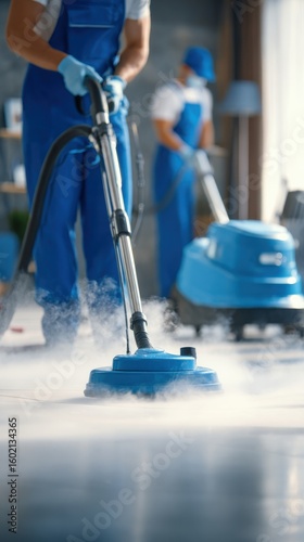Professional team of cleaners washing floor with industrial steam equipment creating shiny and hygienic surfaces ideal for commercial cleaning services and janitorial ads 