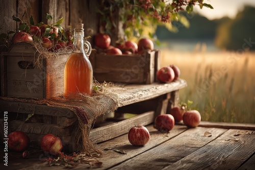 Rustic Apple Harvest Scene with Fresh Produce and Glass Bottle