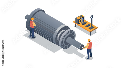 Isometric view of two workers inspecting a large cylindrical industrial machine with tools nearby