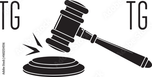  A black-and-white illustration featuring a judicial gavel striking a sound block, with the letters "TG" on both sides.
