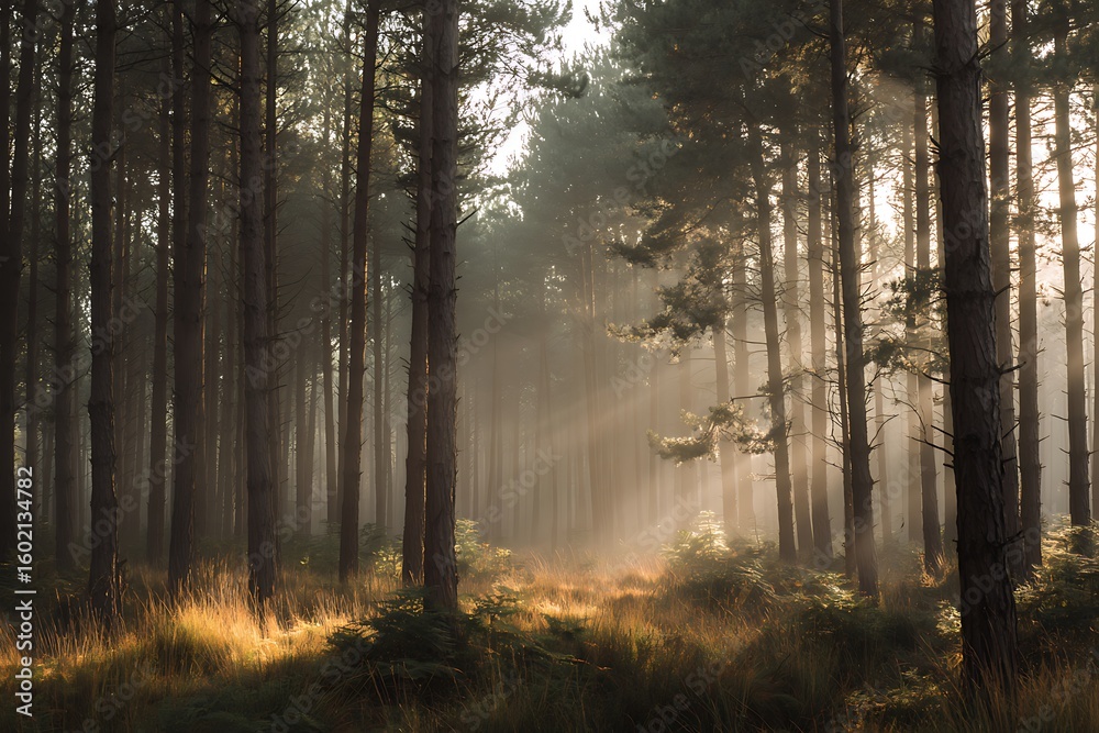 Naklejka premium Sunlight streaming through misty pine trees creates an ethereal, magical atmosphere perfect for fantasy novels or nature themed projects