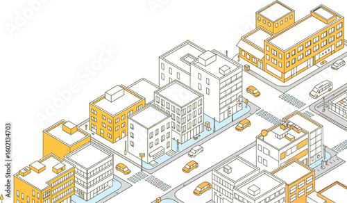 isometric city block illustration with multi-story buildings, streets, cars, and urban elements in modern architectural style for design, real estate, and smart city visuals