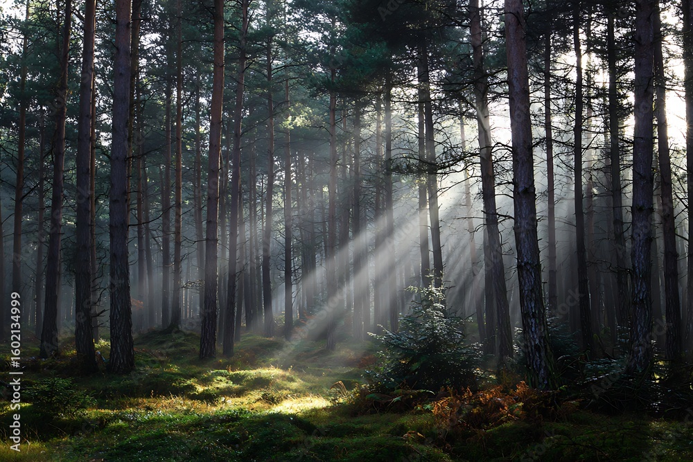 Obraz premium Stunning sun rays pierce through the misty forest, creating a magical and inspiring scene for nature lovers and outdoor enthusiasts to explore