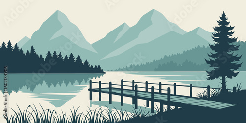 Lake Vector with Wooden Pier and Geometric Mountains