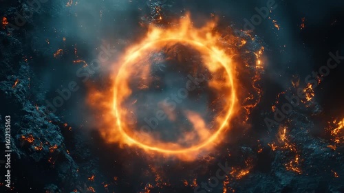 Fiery ring of fire encircles dark volcanic landscape