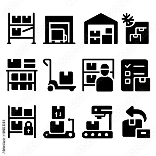 Icons vector warehouse digital area machine collection bay packaging bins pallet inventory