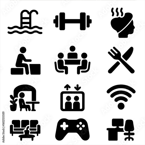 Lobby room icon hotel game swimming area amenities pool sauna icons elevator