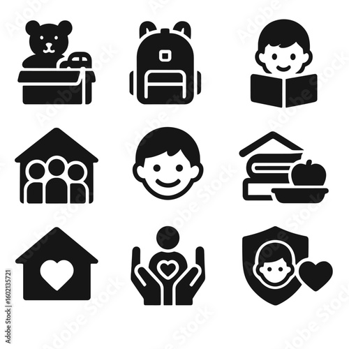 Shelter education child charity backpack safety symbol icons smile toy vector icon