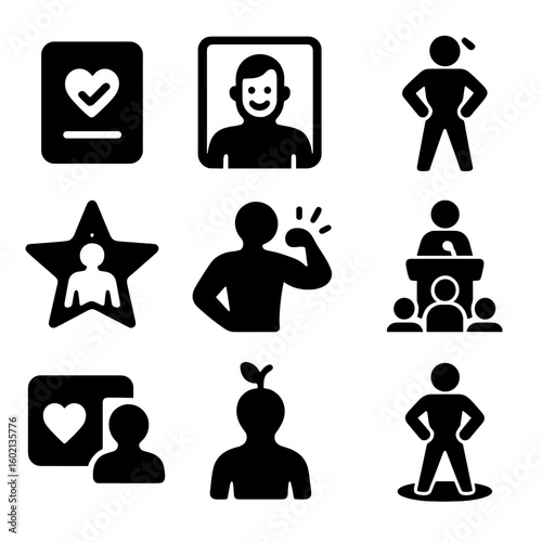 Growth smile spotlight set moment icon achievement vector courage inner confidence proud