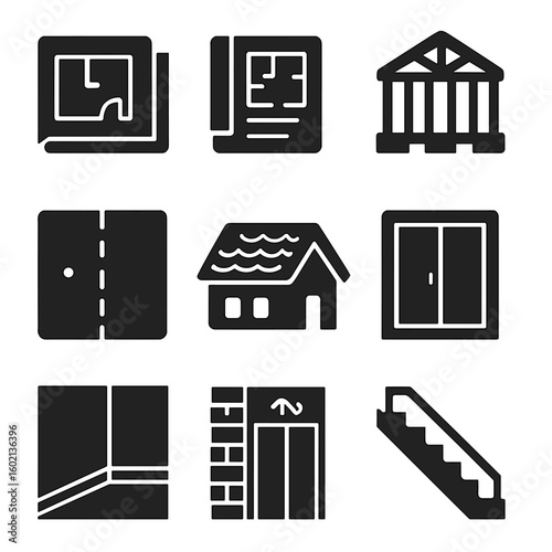 Vector modern framing finish exterior icon blueprint building icons interior doors drywall