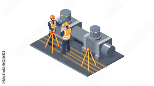 Isometric view of two surveyors with tripods inspecting industrial machinery on a striped platform