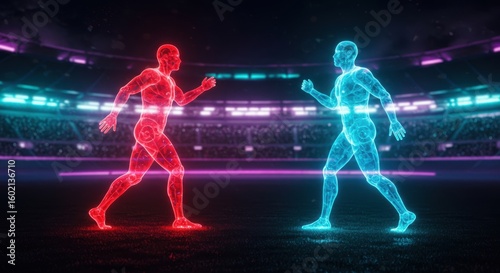 Futuristic digital athletes compete in a neon lit arena showcasing advanced sports technology and virtual reality competition