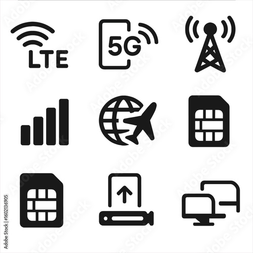 Vector icon globe sim roaming wave chip icons mobile airplane esim tethering