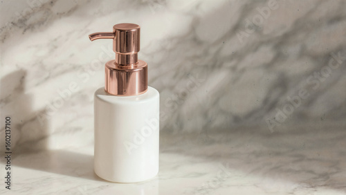 Luxurious white skincare bottle, rose gold pump, marble backdrop, diffused light, focus on bottle details.