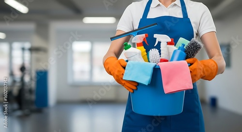 Professional Cleaning Supplies In Blue Bucket For Commercial Facility Maintenance