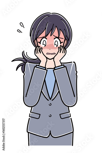 顔を赤らめて恥ずかしがるスーツのOLさん（上半身）
