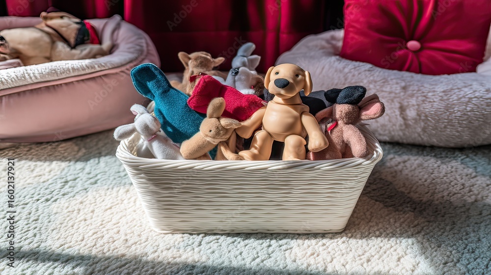 Obraz premium Stuffed animals in basket, bedroom, sunny day, storage