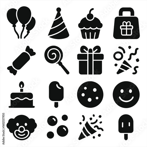 Bag icon cannon gift party birthday smiley cookie vector kids icons hat