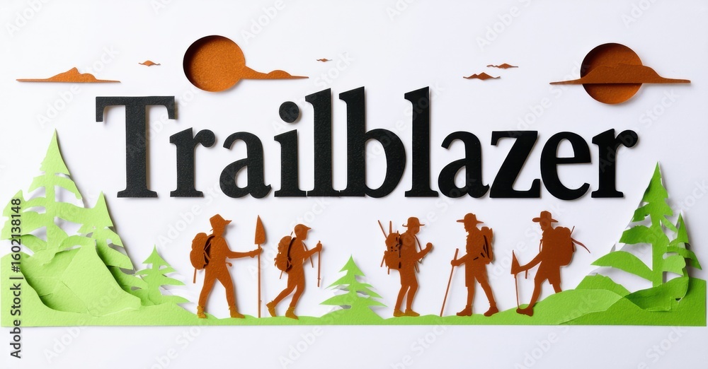 Fototapeta premium Papercraft design features hikers, mountains, suns, text Trailblazer. Bright colors, simple shapes create outdoor scene.