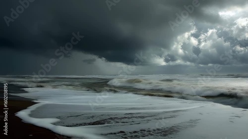 Dramatic storm clouds rolling over a windswept north sea coastline with churning gray waves crashing against rugged rocks under heavy rain‑laden skies
