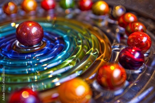 Metal spheres orbiting a soft colored magnet, symbolizing the concept of attraction and magnetism