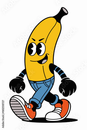 Joyful Banana: An anthropomorphic banana strolls confidently with a delightful, vintage-inspired charm, embodies playful spirit.
