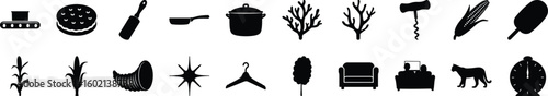 Modern Silhouette Icon Set – 20 Minimal Black Icons of Food, Tools, Furniture, and Nature - A clean and modern collection of 20 black silhouette icons arranged in a horizontal format on a white