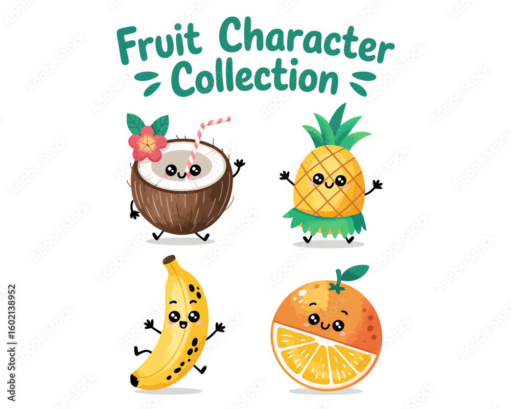 Obraz premium Fruit Character Collection: A vibrant and cheerful collection of fruit characters, each with a unique and endearing personality, showcasing the playful side of nature's bounty.