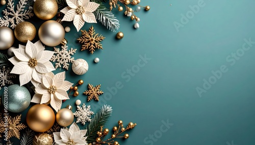 Festive holiday decorations winter wonderland decorative arrangement elegantly styled top-down view seasonal cheer