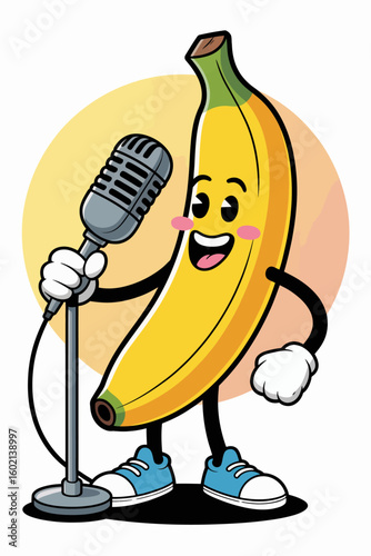 Singing Banana: A jovial cartoon banana, complete with expressive features and limbs, serenades with microphone on a vibrant background.