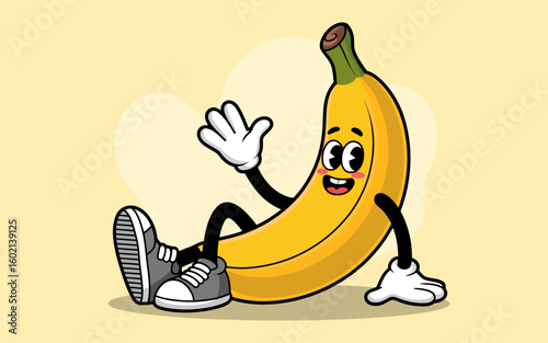 Banana Cartoon Character: An inviting banana character with a happy expression, waving and relaxing with sneakers in a charming animated illustration.