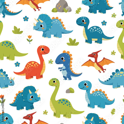 Adobe Illustrator artwork seamless pattern of cute cartoon dinosaurs including Triceratops, Pterodactyl, and long-necked varieties, with flowers and leaves. Ideal for children's products