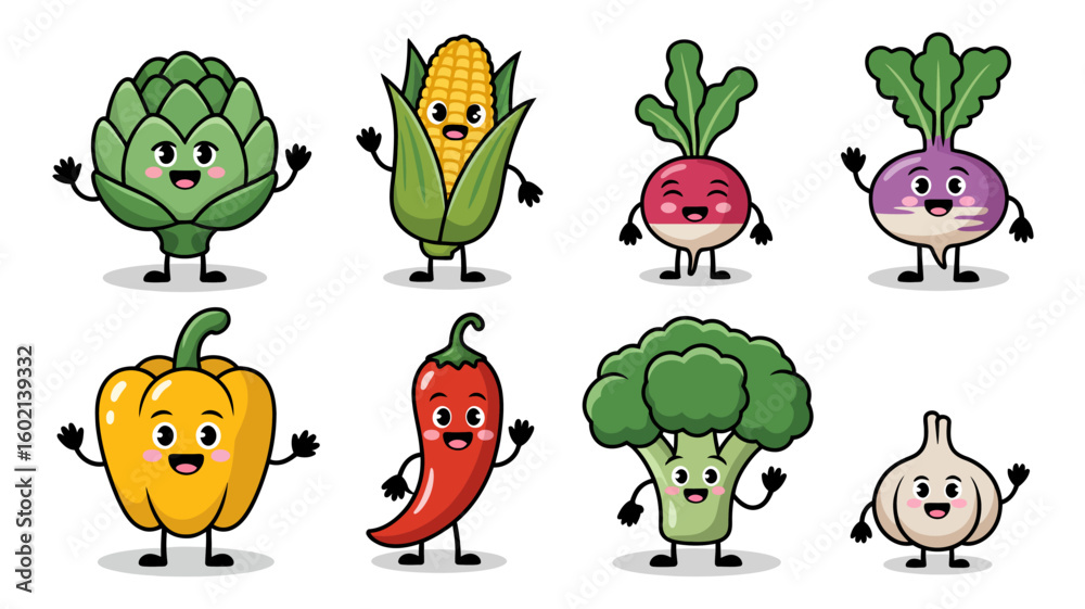 Obraz premium Cheerful Crop Characters: A collection of vibrant vegetable characters, from artichoke to garlic, wave hello, embodying the joy of fresh produce in a digitally illustrated scene.
