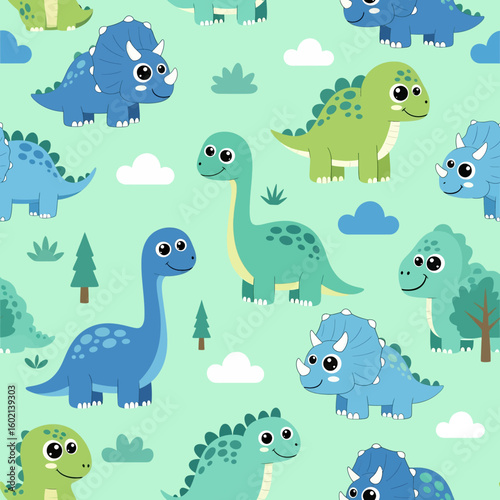 Adobe Illustrator artwork seamless pattern of cute cartoon dinosaurs including Triceratops, Pterodactyl, and long-necked varieties, with flowers and leaves. Ideal for children's products