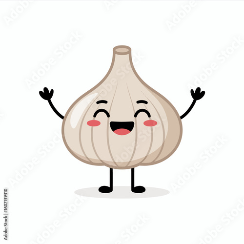 Happy Garlic Mascot: A charming, cartoon garlic bulb beams with joy, extending its arms in a cheerful greeting and inviting you to a culinary adventure.