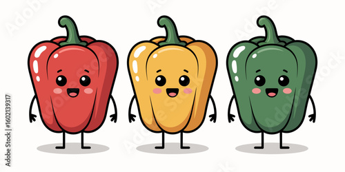 Charming Bell Peppers Trio: A playful depiction of three vibrantly colored bell peppers with cheerful expressions, embodying the freshness and fun of healthy eating.