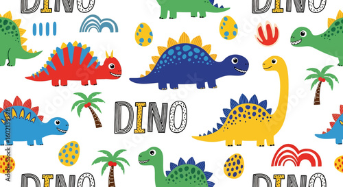 Adobe Illustrator artwork seamless pattern of cute cartoon dinosaurs like Stegosaurus and Brachiosaurus, with "DINO" text, hearts, and arrows. Ideal for children's textiles and decor