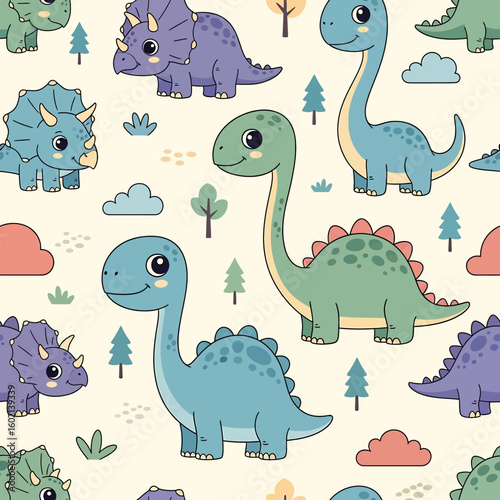 Adobe Illustrator artwork seamless pattern of cute cartoon dinosaurs including Triceratops, Pterodactyl, and long-necked varieties, with flowers and leaves. Ideal for children's products