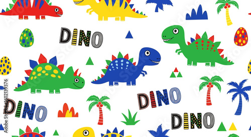 Adobe Illustrator artwork seamless pattern of cute cartoon dinosaurs like Stegosaurus and Brachiosaurus, with "DINO" text, hearts, and arrows. Ideal for children's textiles and decor